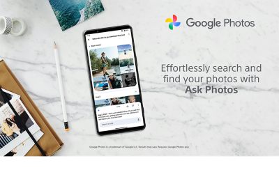 Un smartphone que muestra la función "Pídeselo a Fotos" en Google Fotos, junto con el texto "Busca y encuentra tus fotos sin esfuerzo con Pídeselo a Fotos.