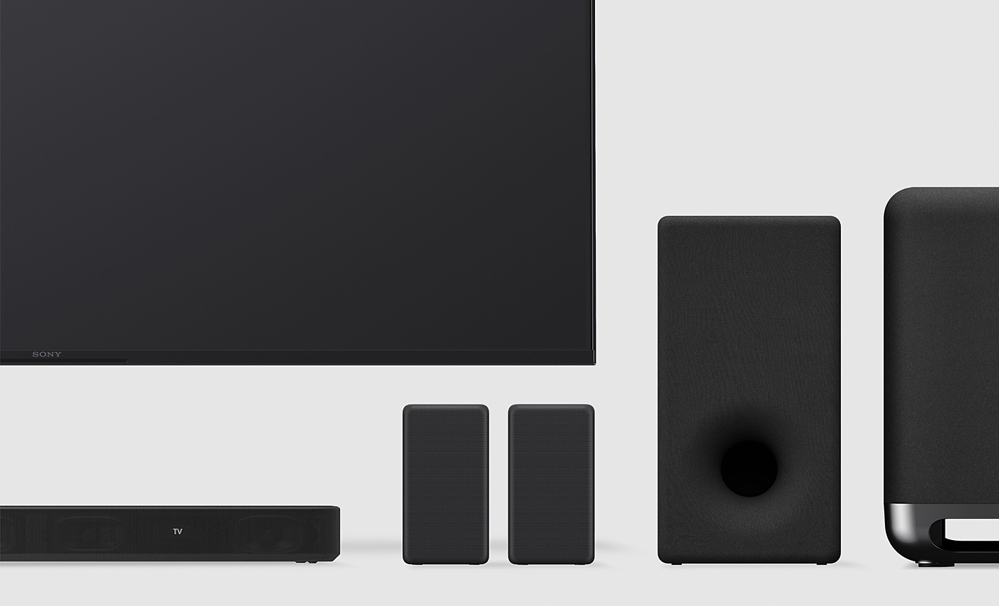 Image of various Sony products including a TV, speakers, subwoofer and soundbar