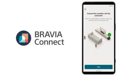Logo BRAVIA Connect à côté d'un écran de smartphone montrant les instructions de configuration pour connecter une barre de son à un caisson de basses