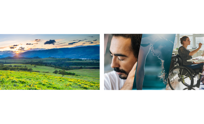 A scenic landscape and a collage of diverse people symbolising BRAVIA's focus on environmental sustainability and accessibility for all.