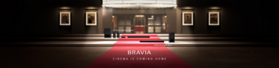 BRAVIA Theatre System 6 and BRAVIA Theatre Bar 6 on a red carpet, set against a theatre entrance backdrop.