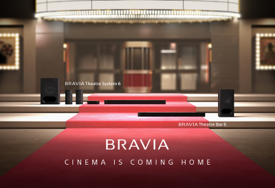 BRAVIA Theatre System 6 and BRAVIA Theatre Bar 6 on a red carpet, set against a theatre entrance backdrop.