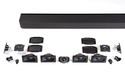 Soundbar dengan uraian komponen internal yang memperlihatkan tata letak speakernya.