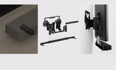 Tiga gambar soundbar, komponen dudukan, dan pengaturan TV yang dipasang di dudukan dinding dengan fitur aksesibilitas seperti tonjolan dan lekukan timbul.