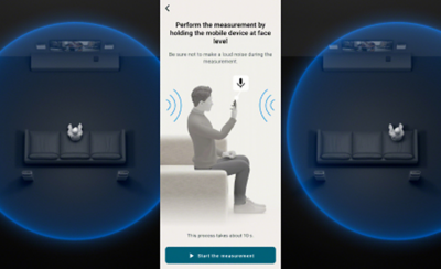 Antarmuka pengguna aplikasi smartphone BRAVIA yang menunjukkan pengaturan soundbar, termasuk kalibrasi bidang suara dengan mikrofon smartphone.