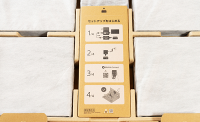 Слика одблиску од пакувањето на BRAVIA Theatre Quad, на која се прикажани инструкции за лесно поставување.