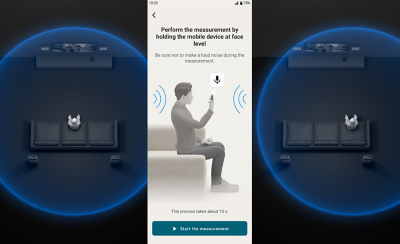 Кориснички интерфејс на апликација за паметни телефони за BRAVIA, каде што се прикажува поставување на долгнавест звучник, вклучувајќи и калибрација на звучното поле преку микрофонот на паметниот телефон.