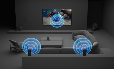 3D room illustration showing wireless rear speakers connected to TV with blue sound waves filling the space