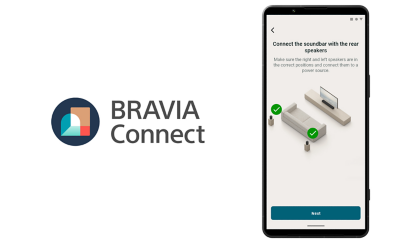 BRAVIA Connect logo alongside a smartphone screen displaying a setup guide for connecting a soundbar and subwoofer.