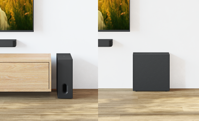 Dual-orientation subwoofer shown in both vertical and horizontal positions.