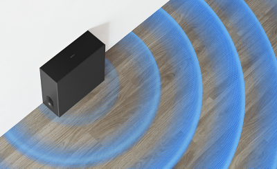 BRAVIA Theatre Sub 7 在地板上發出藍色聲波的特寫。