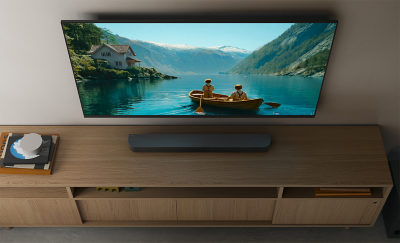 Berendezett nappali, amelyben egy BRAVIA tévé áll egy fa tévészekrényen, a képernyő alatt közvetlenül elhelyezett hangprojektorral