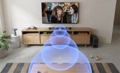 Nappali BRAVIA tévével és hangprojektorral, a képernyőtől előrefelé terjedő, rétegzett hanghullámokkal