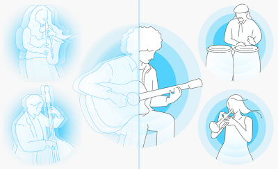 Illustration of musicians playing instruments with BRAVIA signal processing for clear, precise sound