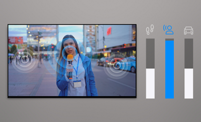 TV screen showing a newscaster speaking into a microphone, with visual sound indicators.