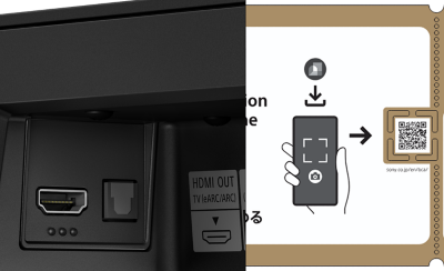 Collage showing tactile dots beside HDMI ports and a setup card with a QR code for guided setup