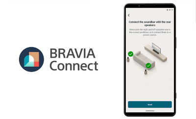 BRAVIA Connect -logo ja älypuhelimen näyttö, jolla näkyy ohjeet subwooferin yhdistämiseksi soundbariin