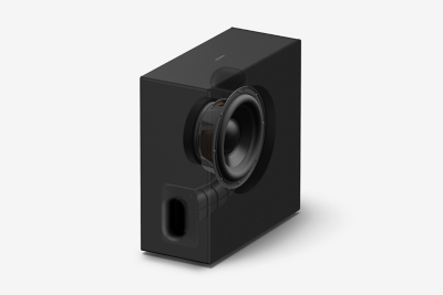 Subwoofer cabinet shown in transparent cutaway with internal driver visible