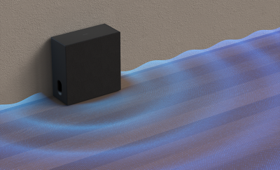 BRAVIA Theatre Sub 8 contre un mur avec des ondes sonores représentées visuellement qui se propagent au sol