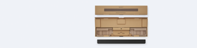 Images showing BRAVIA Theatre Bar 9 soundbar and carton. Top: top view of carton with lid closed; centre: view of carton interior with lid open; bottom: top view of soundbar