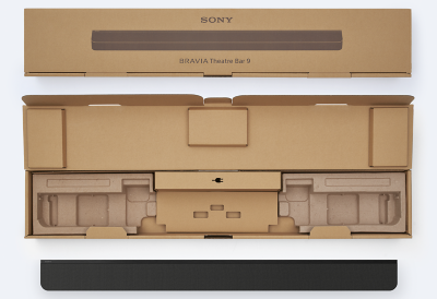 Images showing BRAVIA Theatre Bar 9 soundbar and carton. Top: top view of carton with lid closed; centre: view of carton interior with lid open; bottom: top view of soundbar
