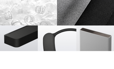 Composite image. Top left: used plastic (PET) bottles; top right: fabric made from plastic fibres; bottom: three views of different parts made from recycled plastic