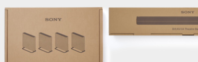 The image of packaging showing four square speakers arranged in angles and packaging of a soundbar.