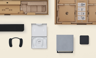 Alignment images of soundbar, wall-mounted speaker, and neck speaker and their respective outer paper packages.