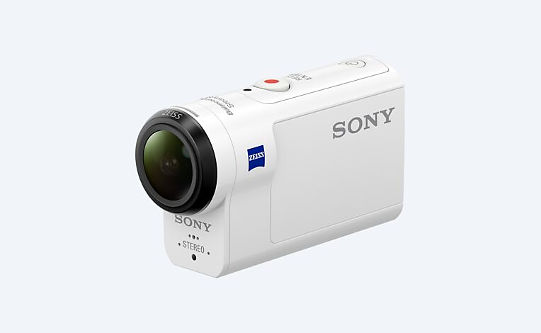 Angled view of white Sony HDR-AS300 action cam