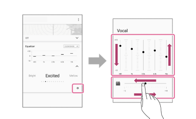 Image of the EQ Custom feature highlighting the settings button and an arrow pointing to a screenshot with editable switches