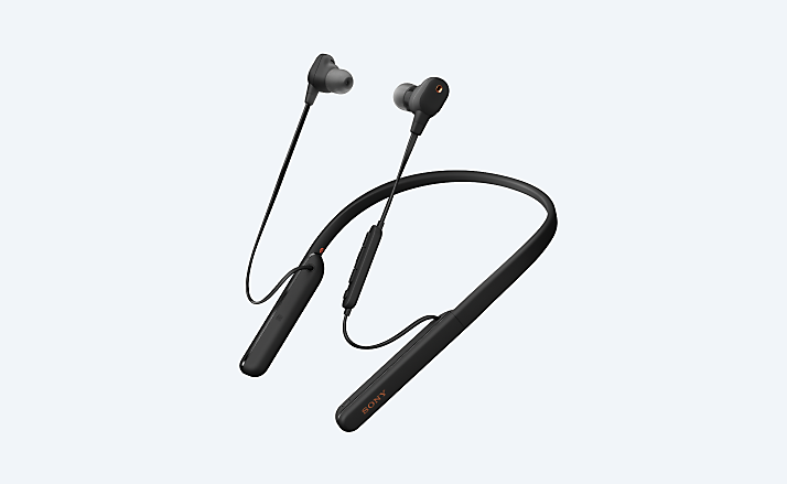 Behind-the-neck wireless in-ear headphones on gray background
