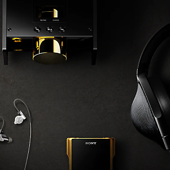 Lifestyle shot of Signature Series Walkman next to Sony headphones and an amplifier