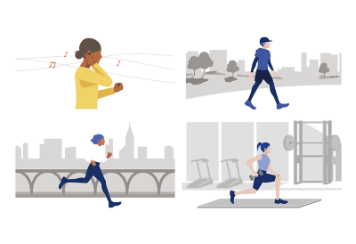 Kolaż ilustracji przedstawiających osoby słuchające muzyki podczas różnych aktywności na świeżym powietrzu.