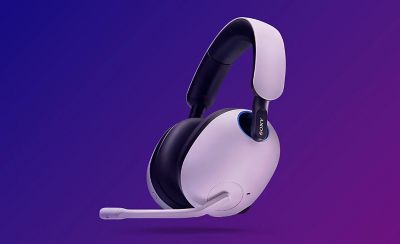 Image of a pair of white INZONE headphones on a blue and purple gradient background