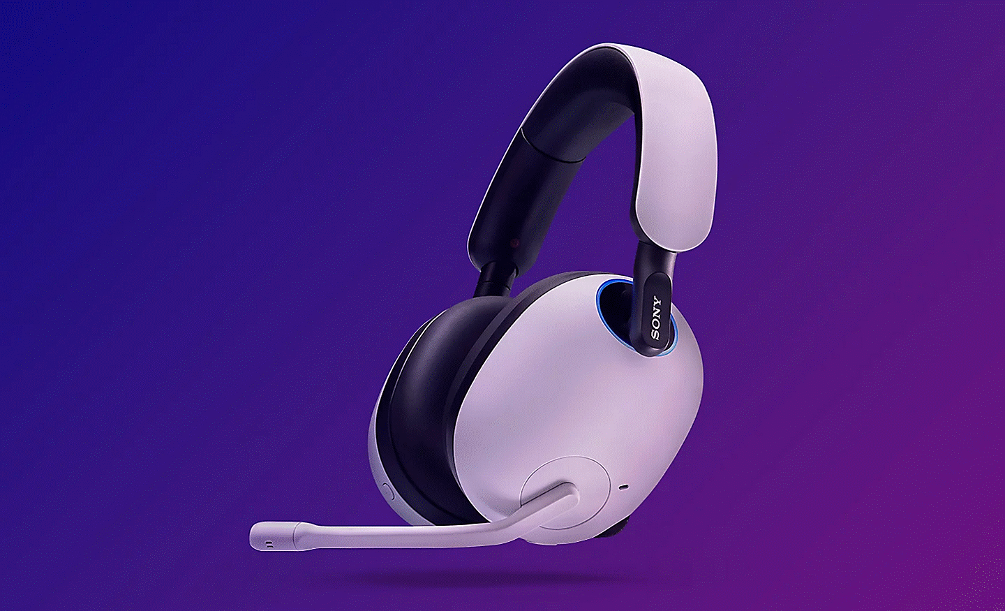 Image of a pair of white INZONE headphones on a blue and purple gradient background