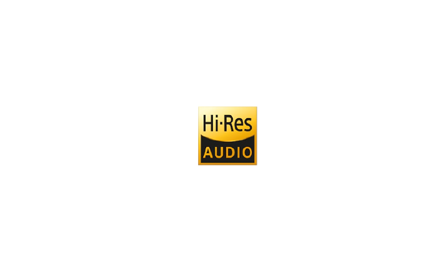 Bilde av en svart og gul «Hi-Res AUDIO»-logo (høyoppløselig lyd)
