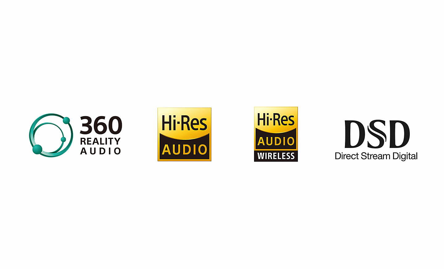 „360 Reality Audio“ logotipas, „Hi-Res Audio“ logotipas, „Hi-Res Audio Wireless“ logotipas, „DSD Direct Stream Digital“ logotipas