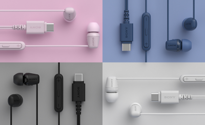 หูฟัง IER-EX15C สีดำ ขาว น้ำเงิน และชมพูที่จัดวางรอบขั้วต่อ USB-C