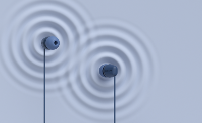 Проводные наушники-вкладыши IER-EX15C, от которых исходят нарисованные звуковые волны