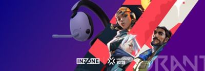 Abbildung des INZONE H9 Gaming-Headsets von Sony mit VALORANT-Charakteren und den Logos von INZONE und VALORANT VCT23