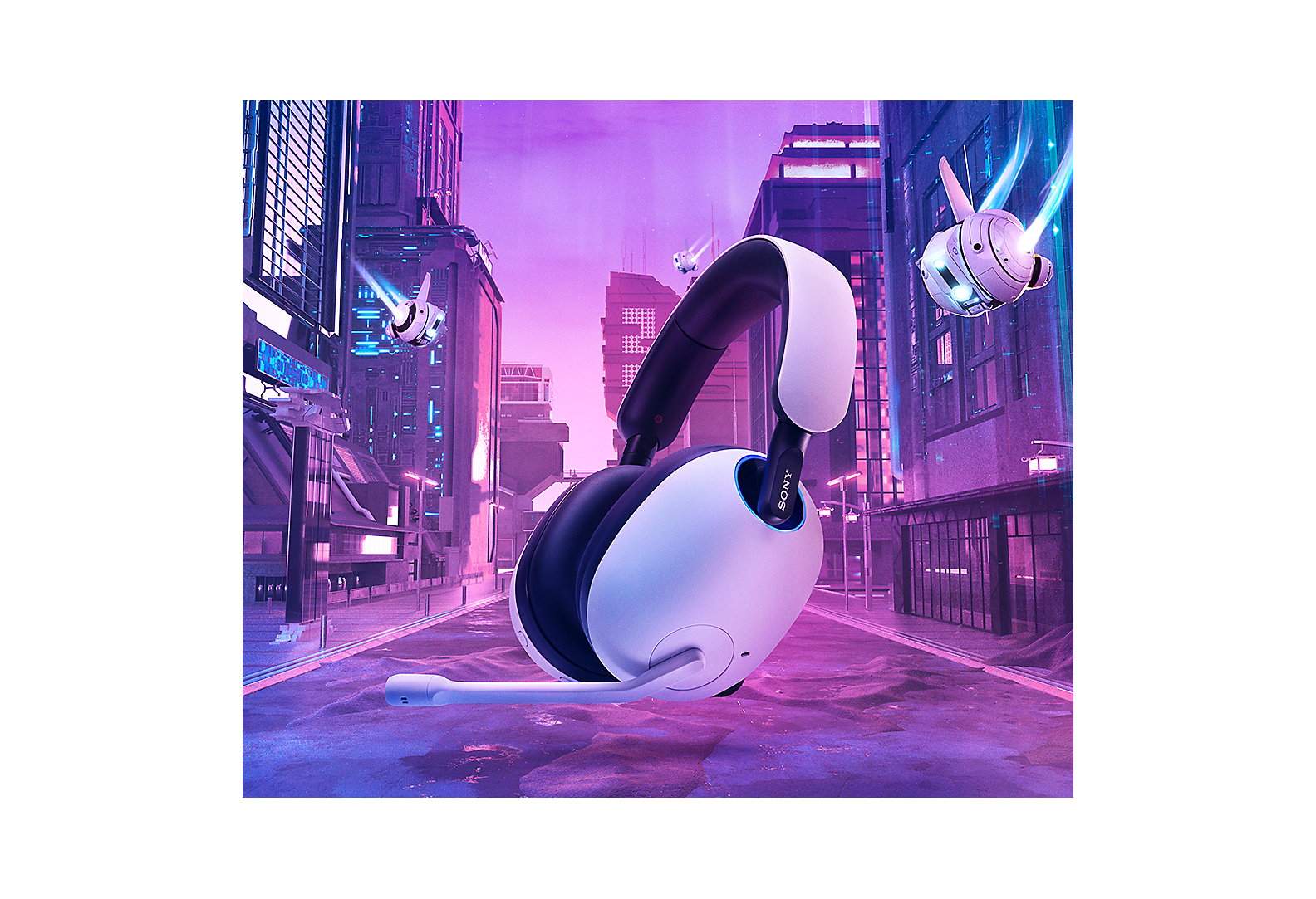 Black and white Sony gaming headset on blue background