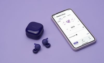 Image of violet LinkBuds Open headphones next to audio mixer