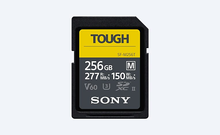 Tough SD memory card with a yellow and grey label