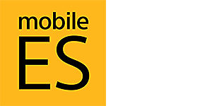 Imagem de um logótipo Mobile ES num fundo laranja