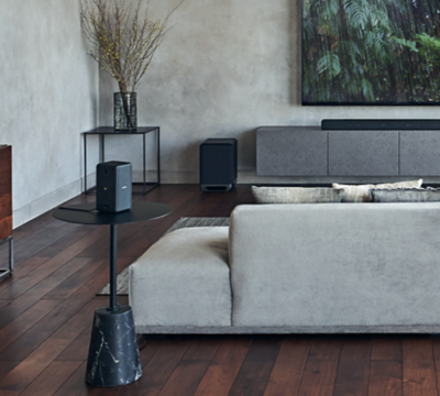 SA-RS3S rear speakers on pedestals and SA-SW5 subwoofer on floor in a living room with a sofa, soundbar on a cabinet and large screen TV