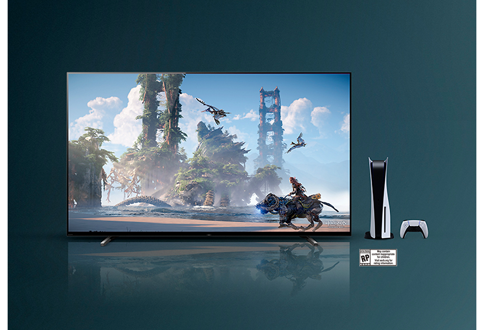 Escena del juego Horizon Forbidden West™ en un TV BRAVIA TV con una consola PS5™ y el mando al lado