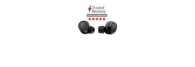 Imagem dos auriculares WF-1000XM5 com o logótipo do prémio "highly recommended" da Trusted Reviews.