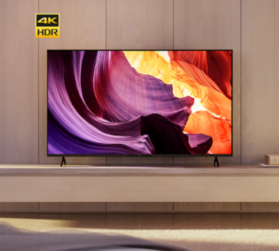 BRAVIA X80K on marble plinth with image of rocks on screen