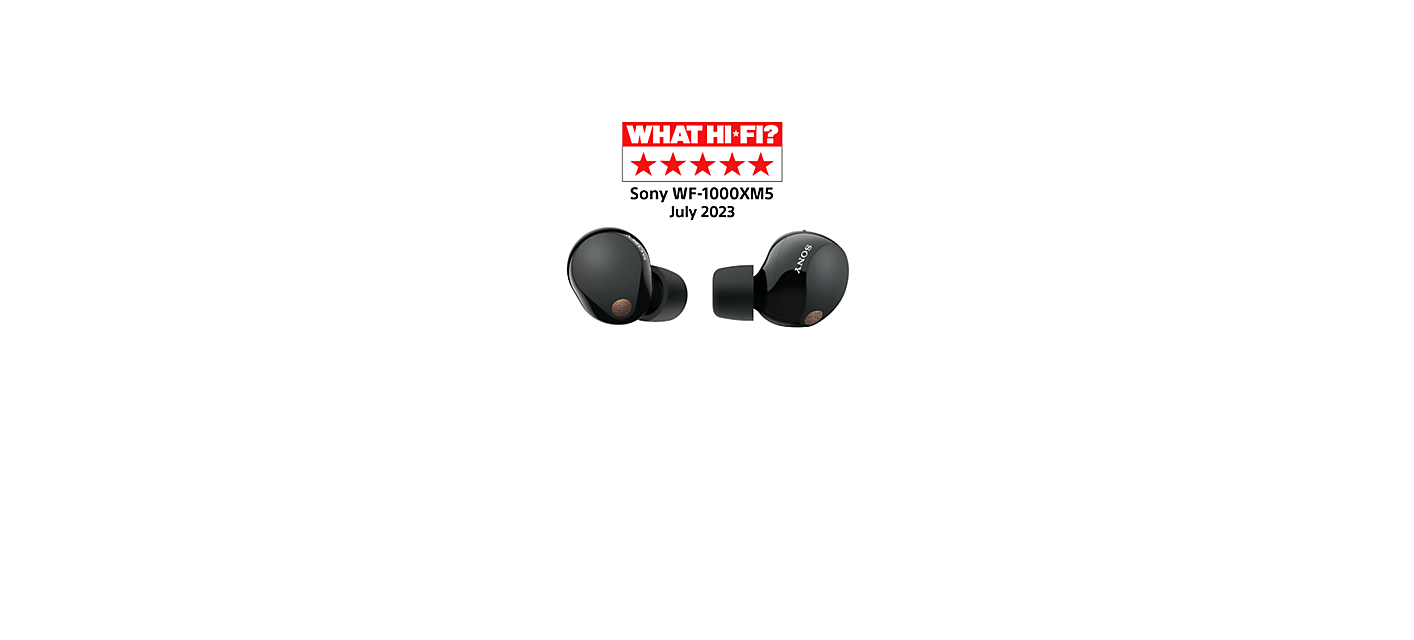 Image of WF-1000XM5 earbuds featuring a 5-star review award from What Hi-Fi?