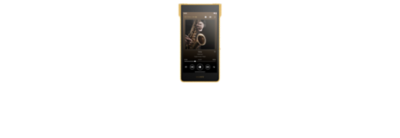 Photograph showing a gold-coloured Sony WM1ZM3 Walkman from the front. The front touchscreen displays a media player interface with album art of hands playing a saxophone. On-screen controls are visible underneath the image.